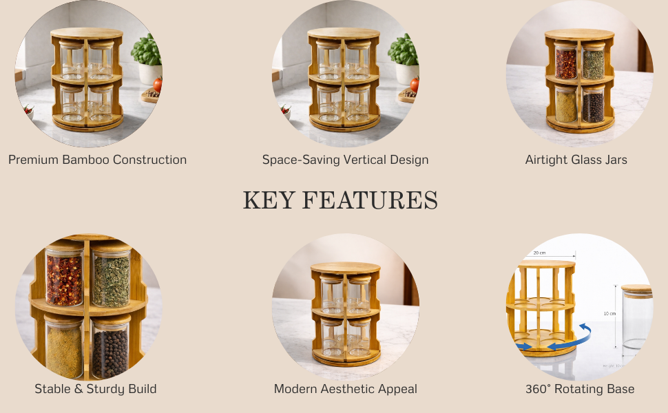 Storage Jars with Rotating Bamboo Wood Stand Set of 10