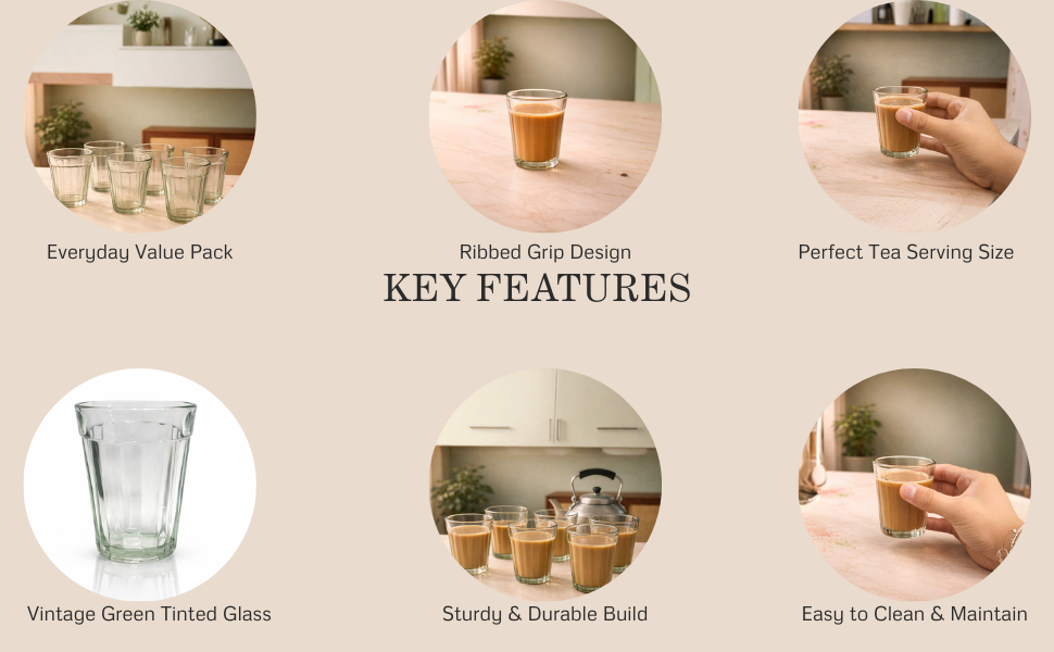 Vintage Green Tinted Cutting Chai Glasses – Set of 6 (160 ml)