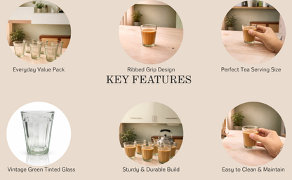 Vintage Green Tinted Cutting Chai Glasses – Set of 6 (160 ml)