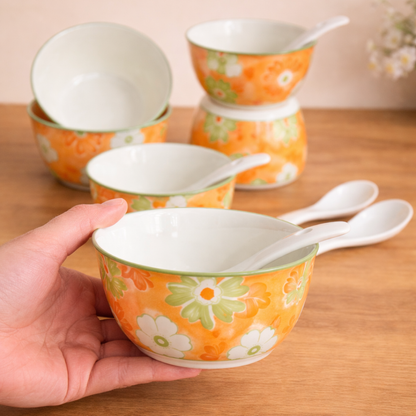 PeachBloom Porcelain Soup Bowl and Spoon Set (4 Bowls + 4 Spoons)