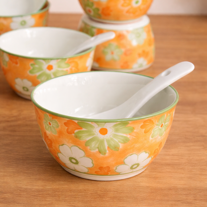 PeachBloom Porcelain Soup Bowl and Spoon Set (4 Bowls + 4 Spoons)