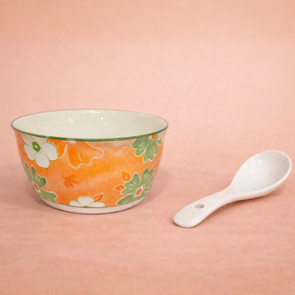 PeachBloom Porcelain Soup Bowl and Spoon Set (4 Bowls + 4 Spoons)