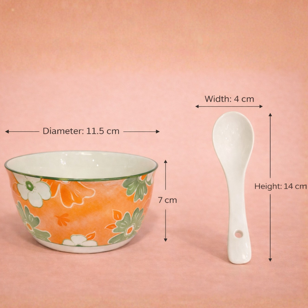 PeachBloom Porcelain Soup Bowl and Spoon Set (4 Bowls + 4 Spoons)