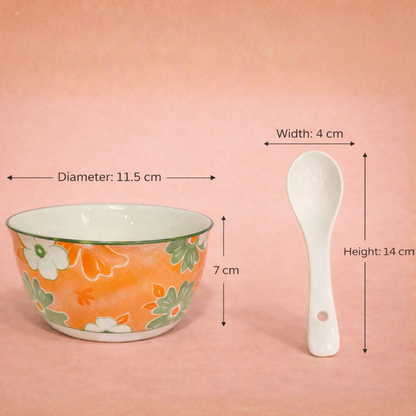 PeachBloom Porcelain Soup Bowl and Spoon Set (4 Bowls + 4 Spoons)