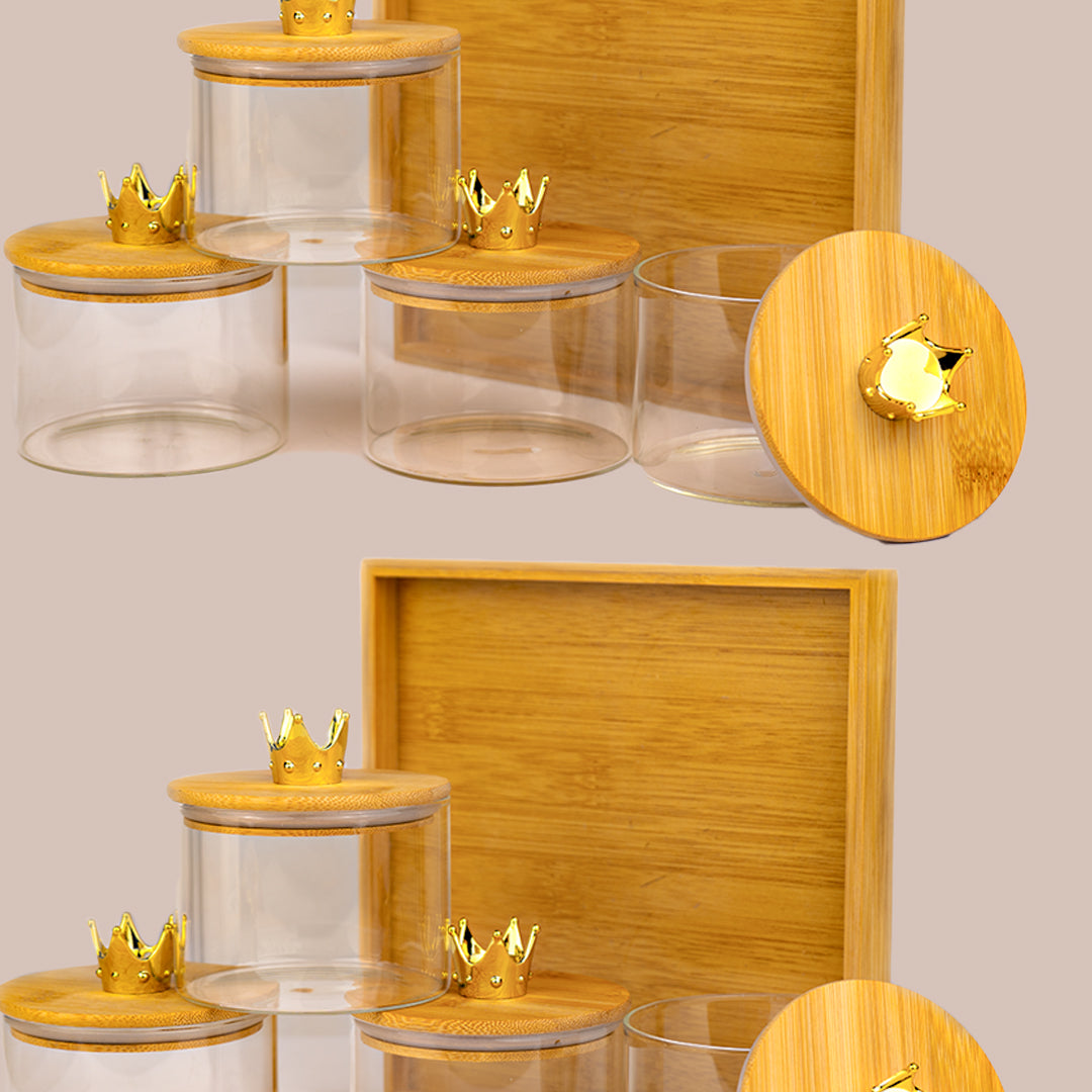 Royal Crown Glass Jar Set with Bamboo Tray – 4 Airtight Storage Jars (500ml)
