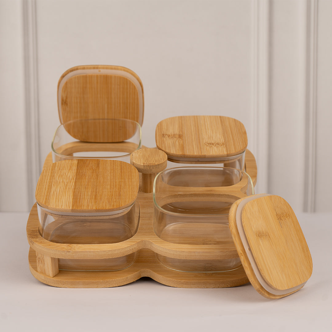 Rotating Bamboo Tray with Airtight Glass Bowls Set of 4 500 ml
