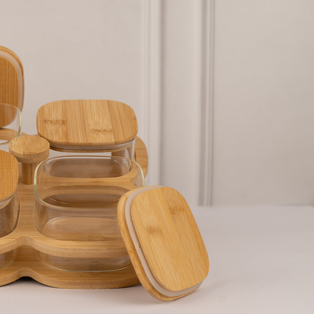 Rotating Bamboo Tray with Airtight Glass Bowls Set of 4 500 ml