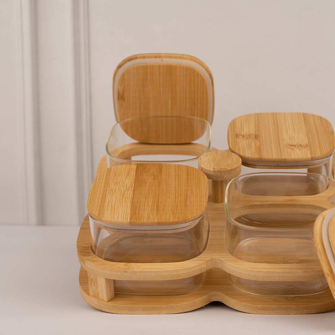 Rotating Bamboo Tray with Airtight Glass Bowls Set of 4 500 ml