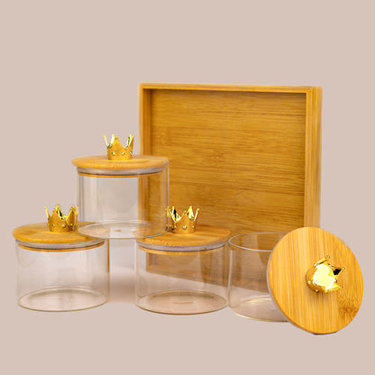 Royal Crown Glass Jar Set with Bamboo Tray – 4 Airtight Storage Jars (500ml)