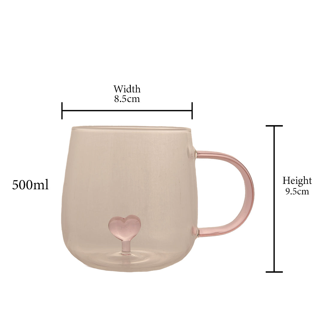 Heart Design Glass Mug Set of 1 500 ml