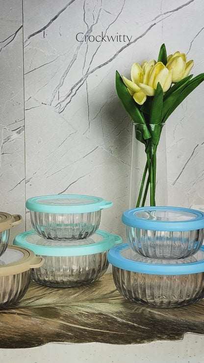 CrystalSeal Glass Storage Bowls – Set of 4 (2 bowls of 350 ml & 2 bowls of 650 ml), Microwave Safe Bowls with Silicone Unbreakable Lid