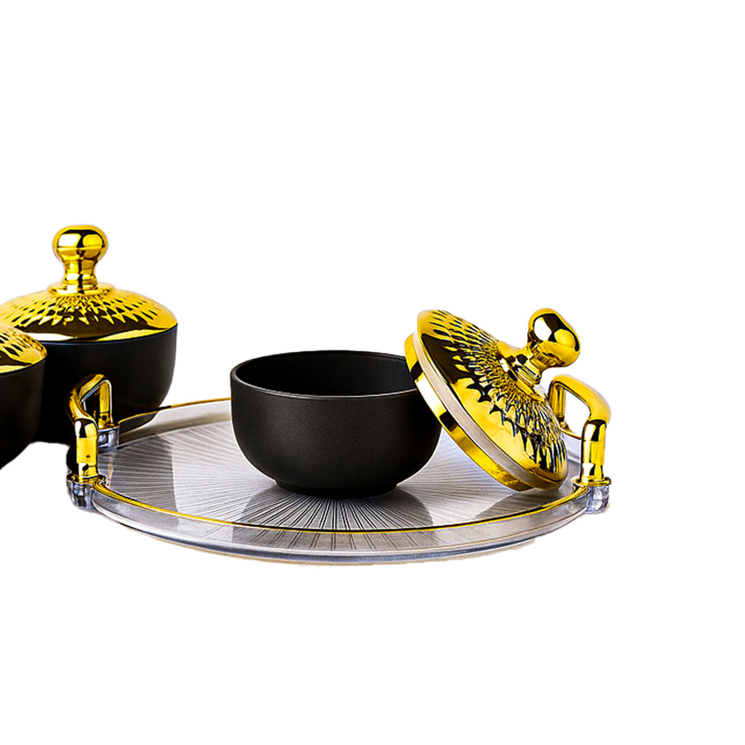 Unbreakable Tray with Airtight Glass Bowls (Golden) 280 ml