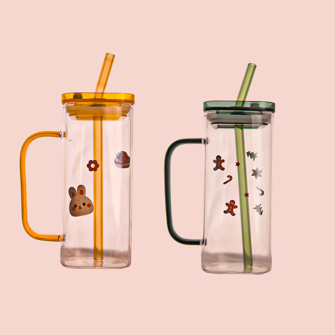 Aesthetic Borosilicate Kids Glass Tumbler with Straw Set of 2 400 ml