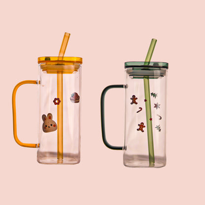 Aesthetic Borosilicate Kids Glass Tumbler with Straw Set of 2 400 ml