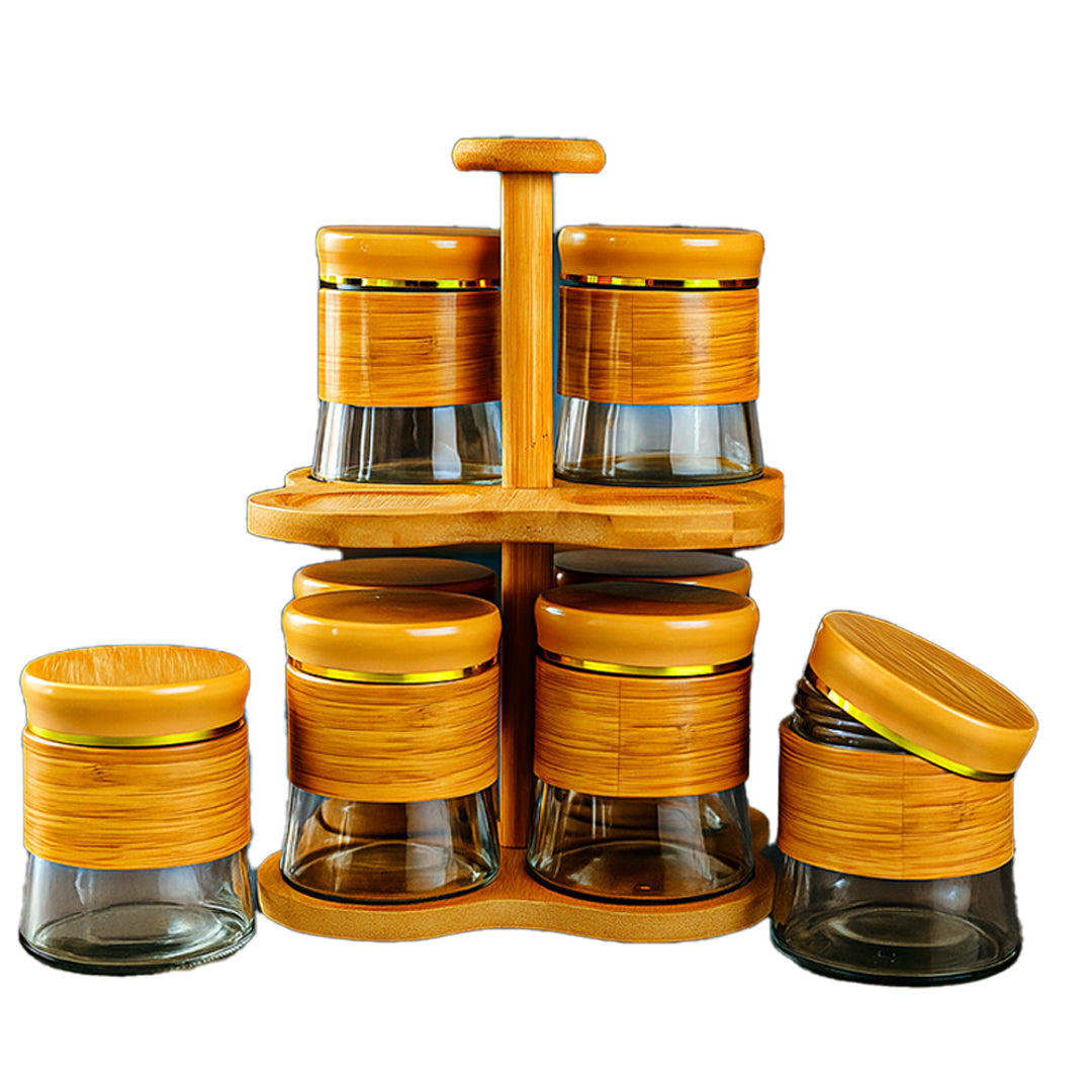 Storage Jars with Rotating Bamboo Wood Stand Set of 8