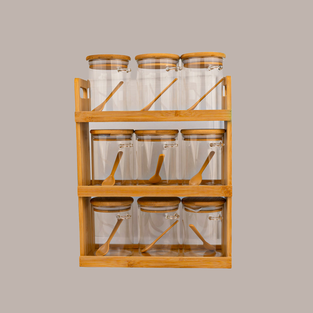 Storage Jars with Bamboo Wood Rack and Spoon Set of 9