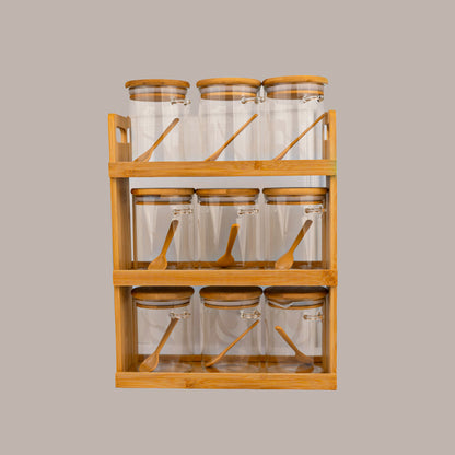 Storage Jars with Bamboo Wood Rack and Spoon Set of 9