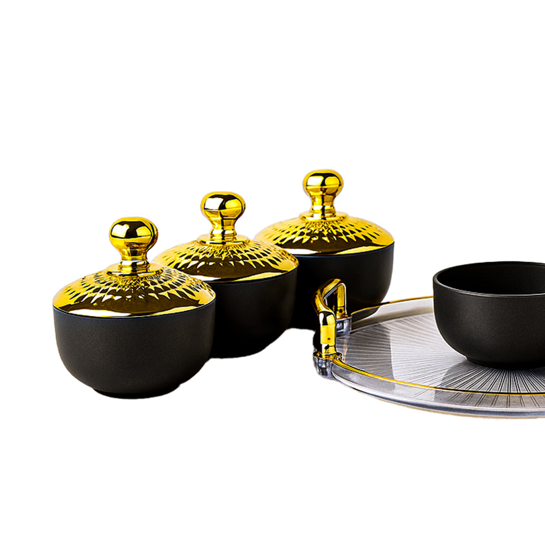 Unbreakable Tray with Airtight Glass Bowls (Golden) 280 ml