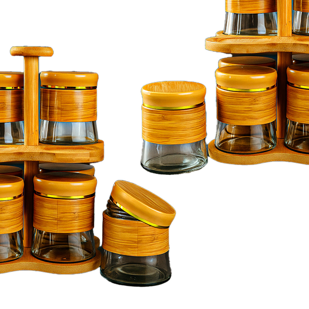 Storage Jars with Rotating Bamboo Wood Stand Set of 8