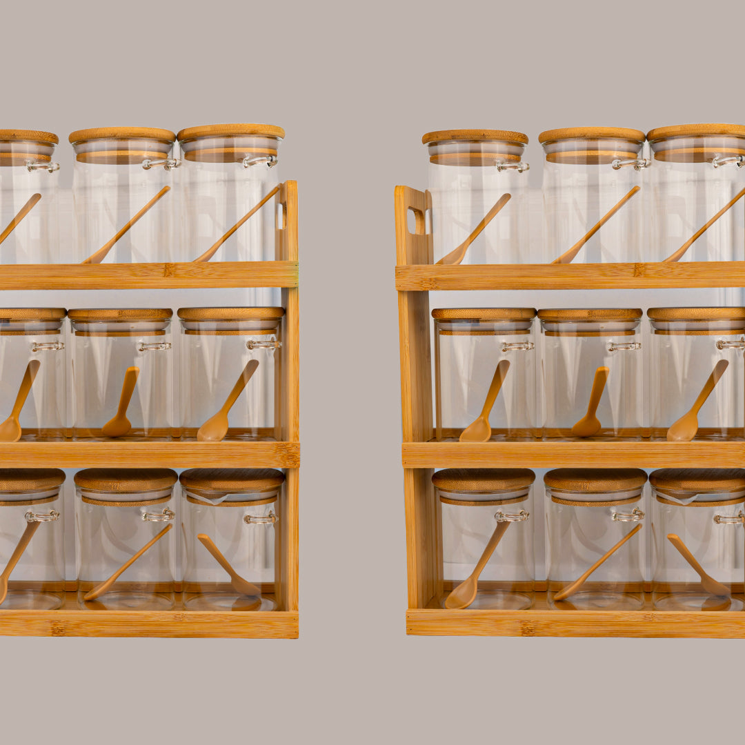 Storage Jars with Bamboo Wood Rack and Spoon Set of 9