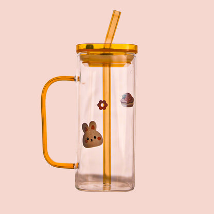 Aesthetic Borosilicate Kids Glass Tumbler with Straw Set of 2 400 ml