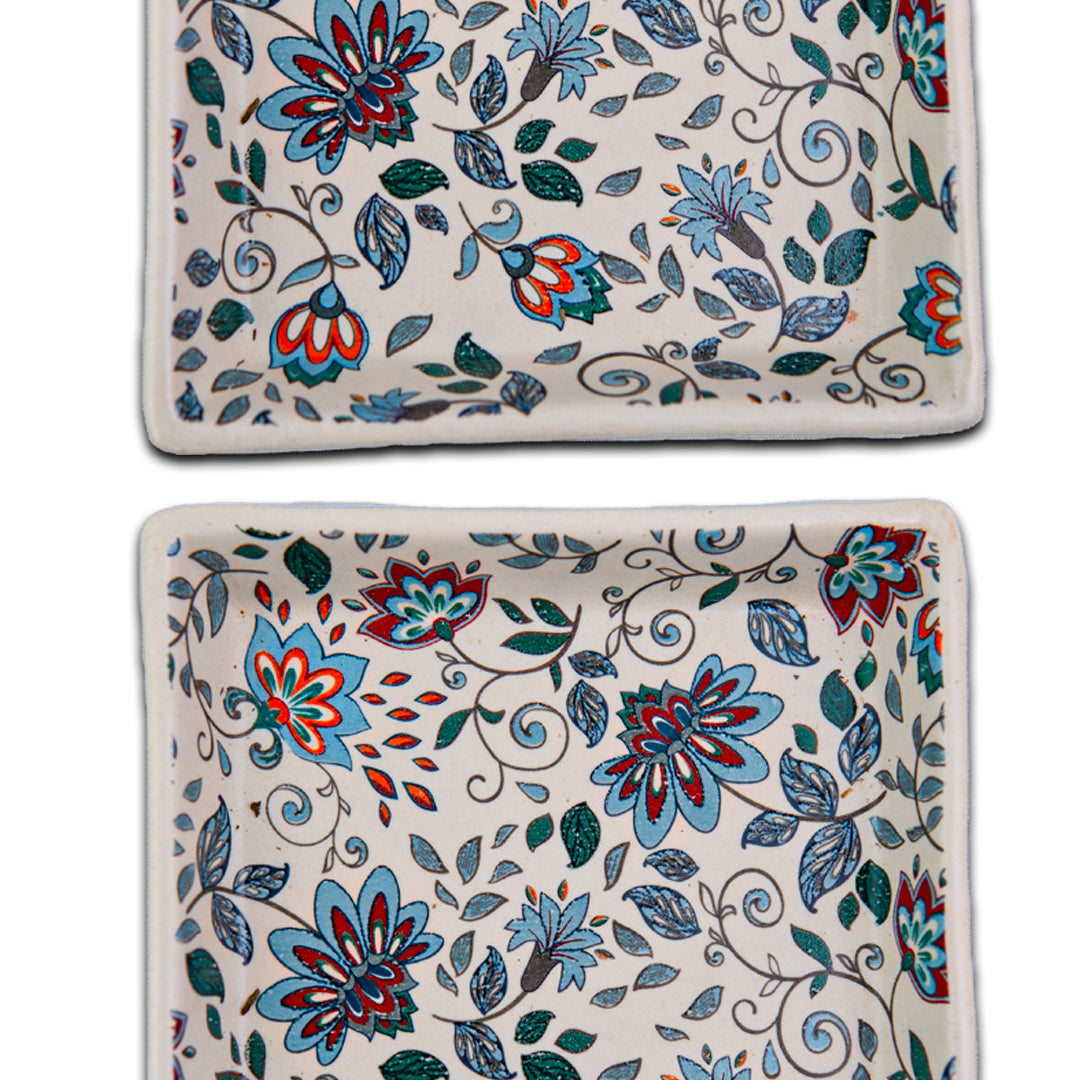Handcrafted Artisan Bloom Ceramic Square Platter Set of 6