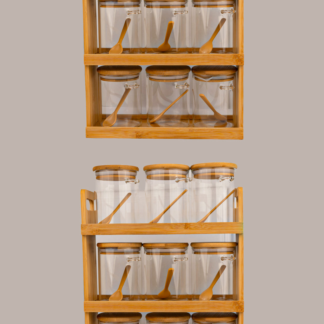 Storage Jars with Bamboo Wood Rack and Spoon Set of 9