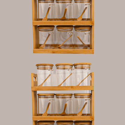Storage Jars with Bamboo Wood Rack and Spoon Set of 9