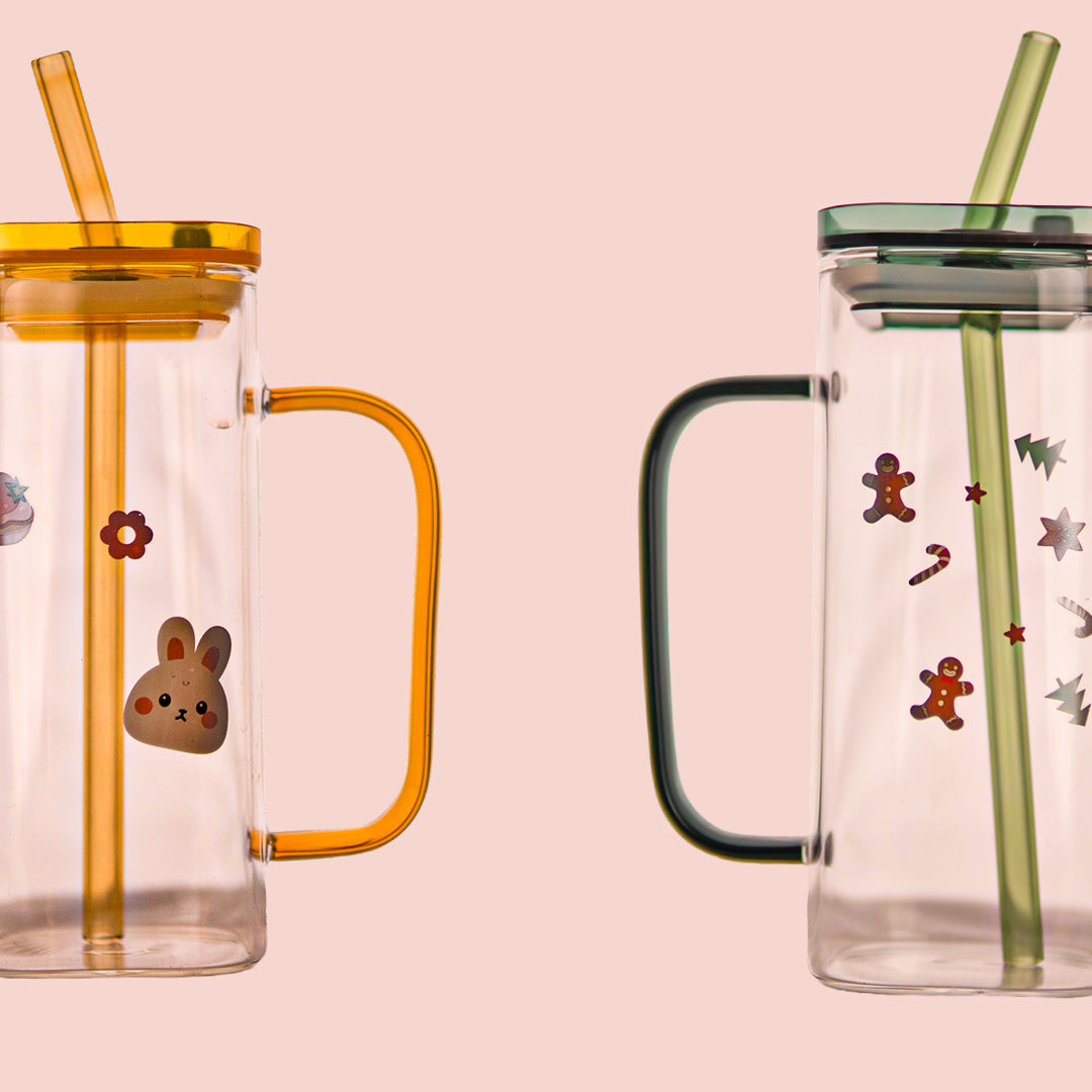 Aesthetic Borosilicate Kids Glass Tumbler with Straw Set of 2 400 ml