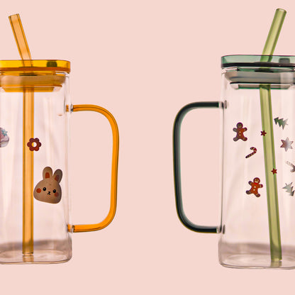 Aesthetic Borosilicate Kids Glass Tumbler with Straw Set of 2 400 ml