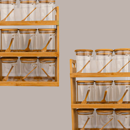 Storage Jars with Bamboo Wood Rack and Spoon Set of 9