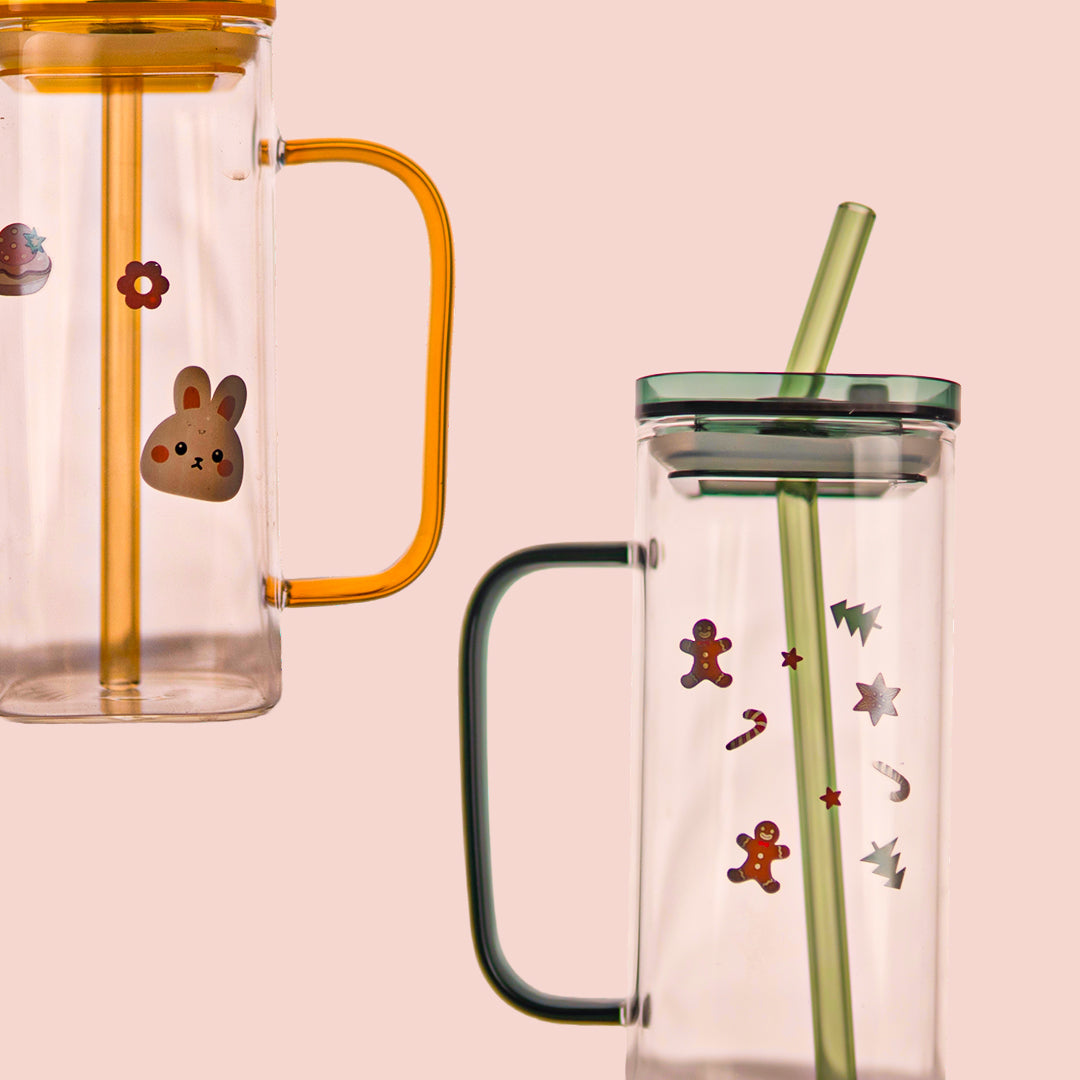Aesthetic Borosilicate Kids Glass Tumbler with Straw Set of 2 400 ml