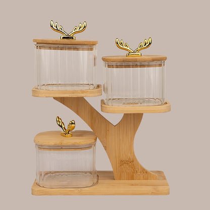 Tree Shaped Bamboo Tray with Airtight Glass Bowls 500 ml