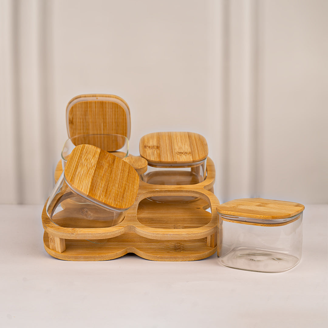 Rotating Bamboo Tray with Airtight Glass Bowls Set of 4 500 ml