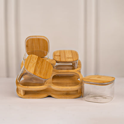 Rotating Bamboo Tray with Airtight Glass Bowls Set of 4 500 ml